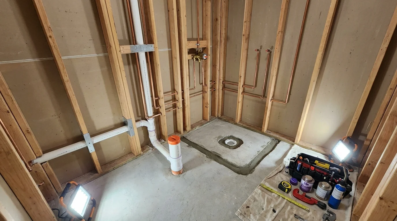 Bathroom rough-in plumbing during remodel by Johns Plumbing LLC in Soledad