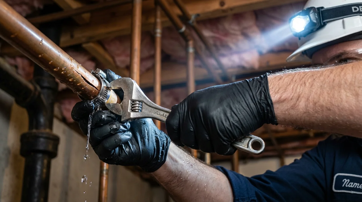 Emergency pipe clamp repair being performed by a Johns Plumbing LLC plumber in Soledad
