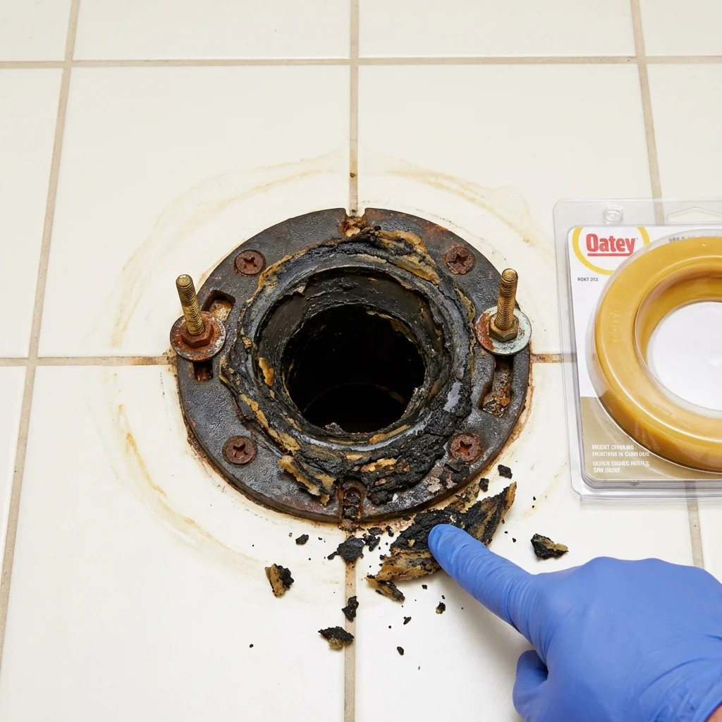 Failed wax ring showing water seepage at the base of a toilet in a Soledad, CA home
